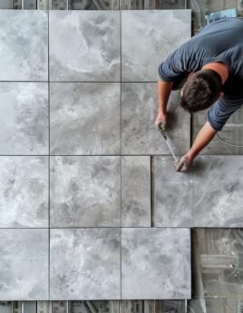 A man working on a tile floor, suitable for construction projects.