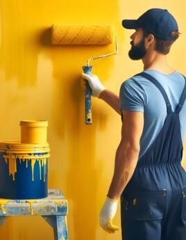 A man wearing overalls and a cap is painting a wall yellow, with a roller and paint bucket nearby.